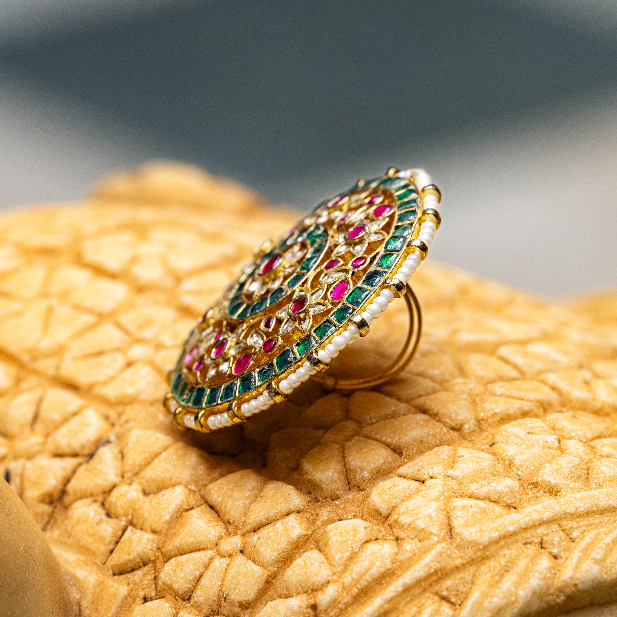 MDR094- Multi Colour Gold Plated Jadau Kundan Ring