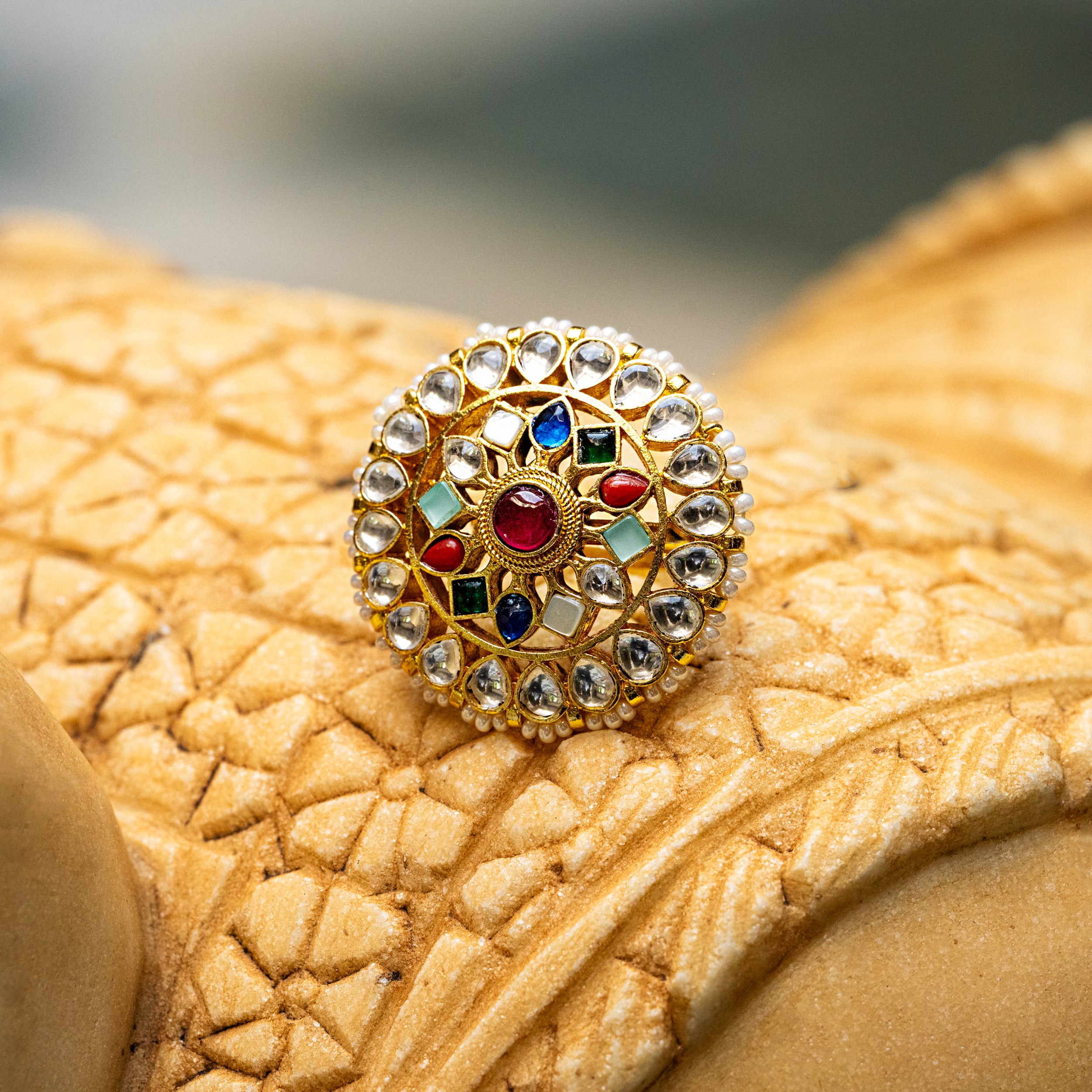 MDR098- Multi Colour Gold Plated Jadau Kundan Ring