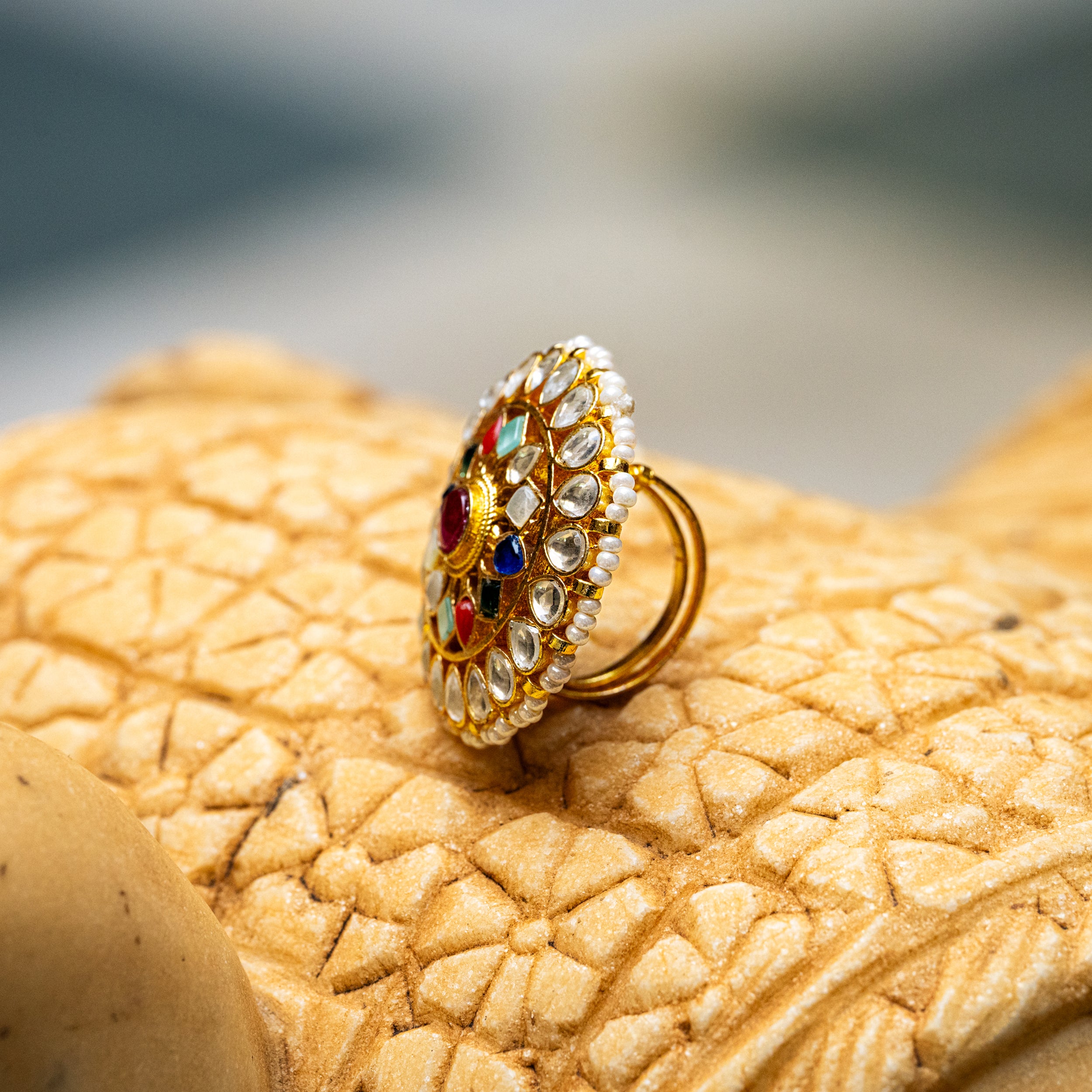 MDR098- Multi Colour Gold Plated Jadau Kundan Ring