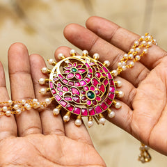 MDBR107- Pink Colour Gold Plated Jadau Kundan Juda Pin