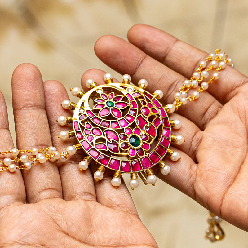 MDBR107- Pink Colour Gold Plated Jadau Kundan Juda Pin