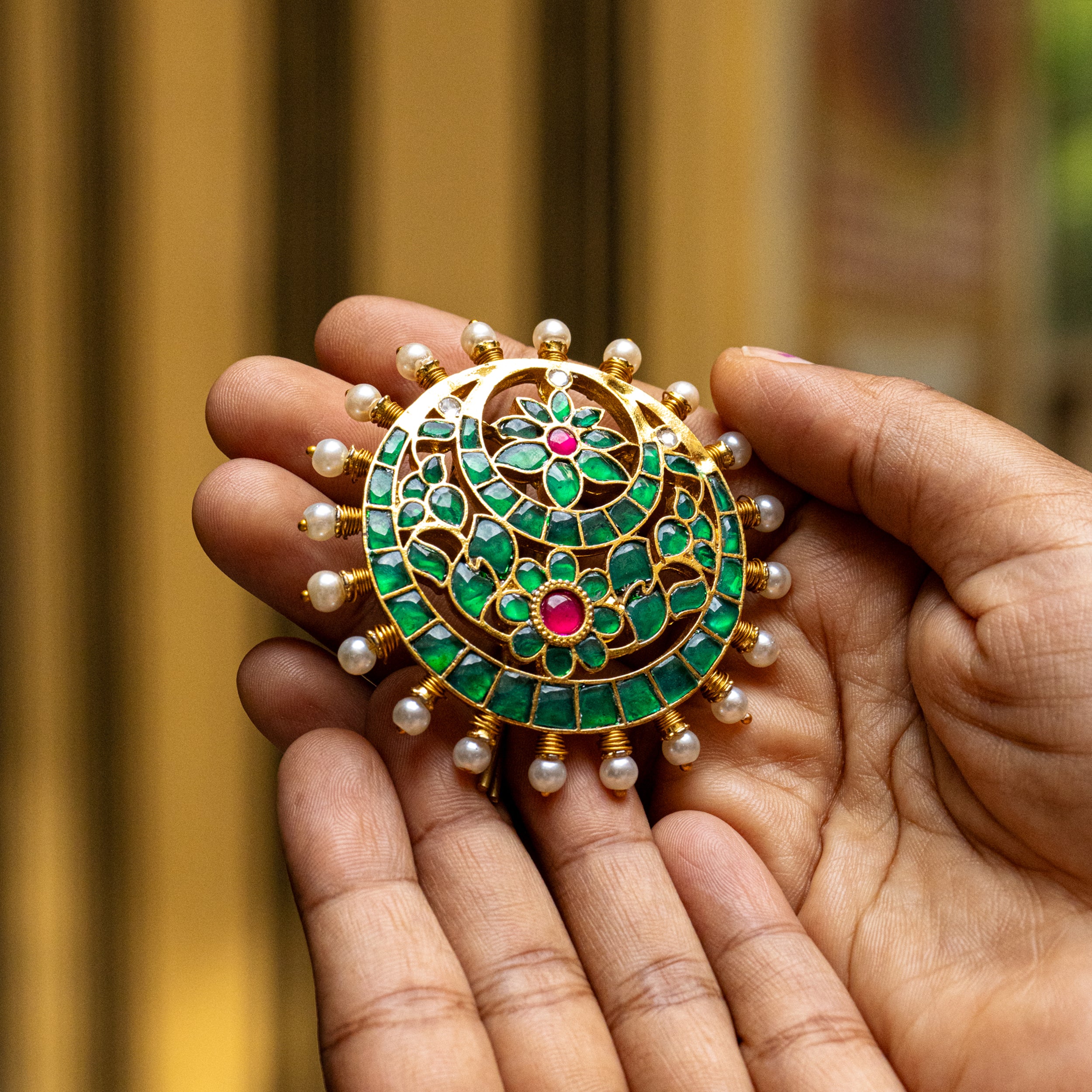 MDBR107- Green Colour Gold Plated Jadau Kundan Juda Pin