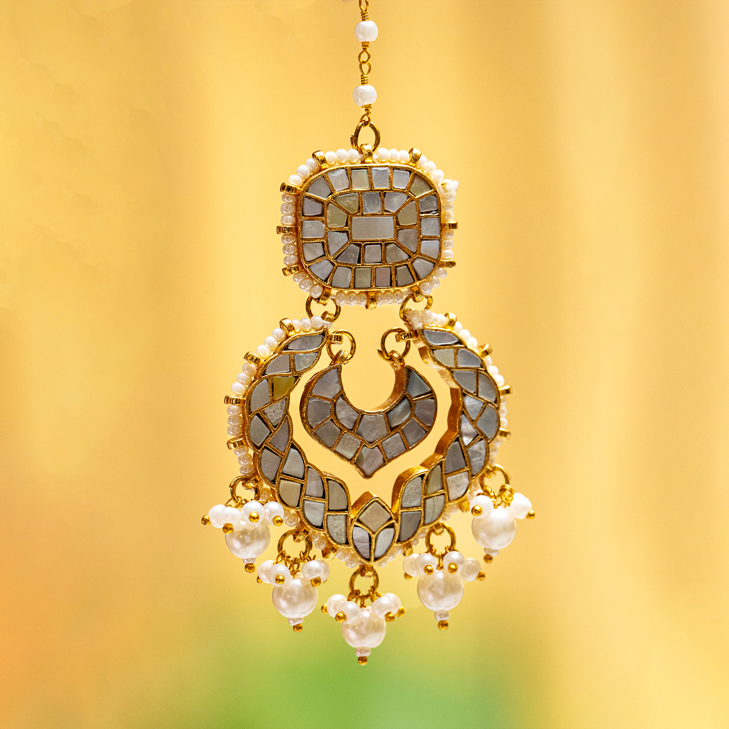 MDE084- White Colour Gold Plated Mother of Pearl Chandbali Earrings with Tika