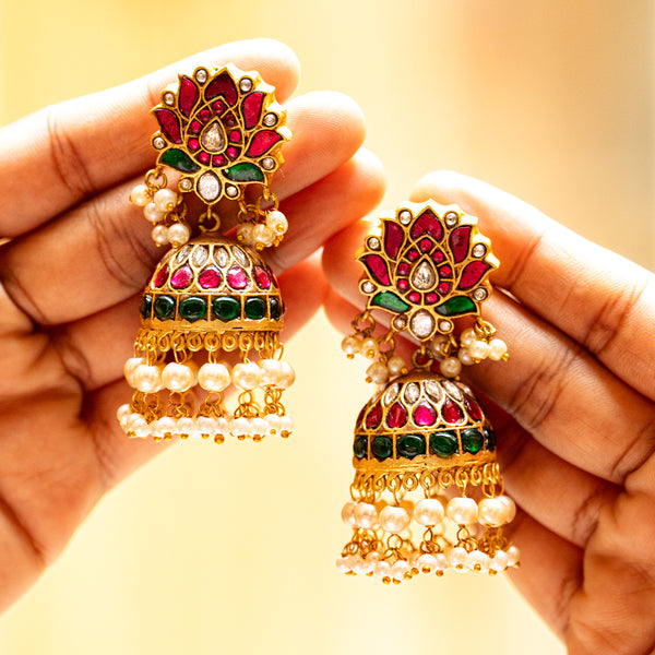 MDE117- Multi Colour Gold Plated Jadau Kundan Temple Jhumki