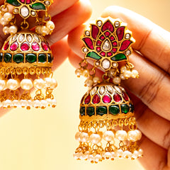 MDE117- Multi Colour Gold Plated Jadau Kundan Temple Jhumki