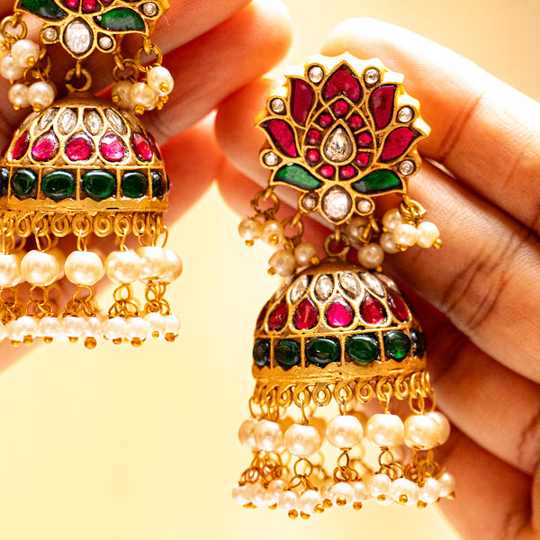MDE117- Multi Colour Gold Plated Jadau Kundan Temple Jhumki