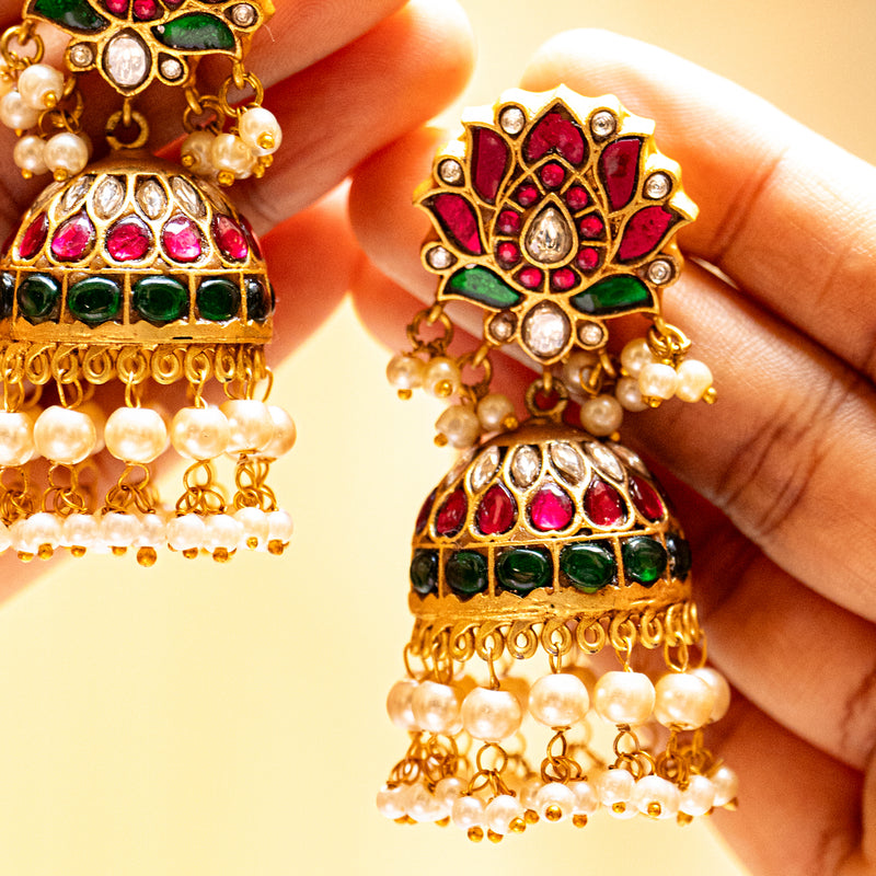 MDE117- Multi Colour Gold Plated Jadau Kundan Temple Jhumki
