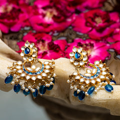 MDE041- Blue and White Colour Gold Plated Jadau Kundan Chandbali Earrings
