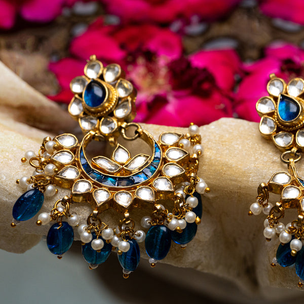 MDE041- Blue and White Colour Gold Plated Jadau Kundan Chandbali Earrings