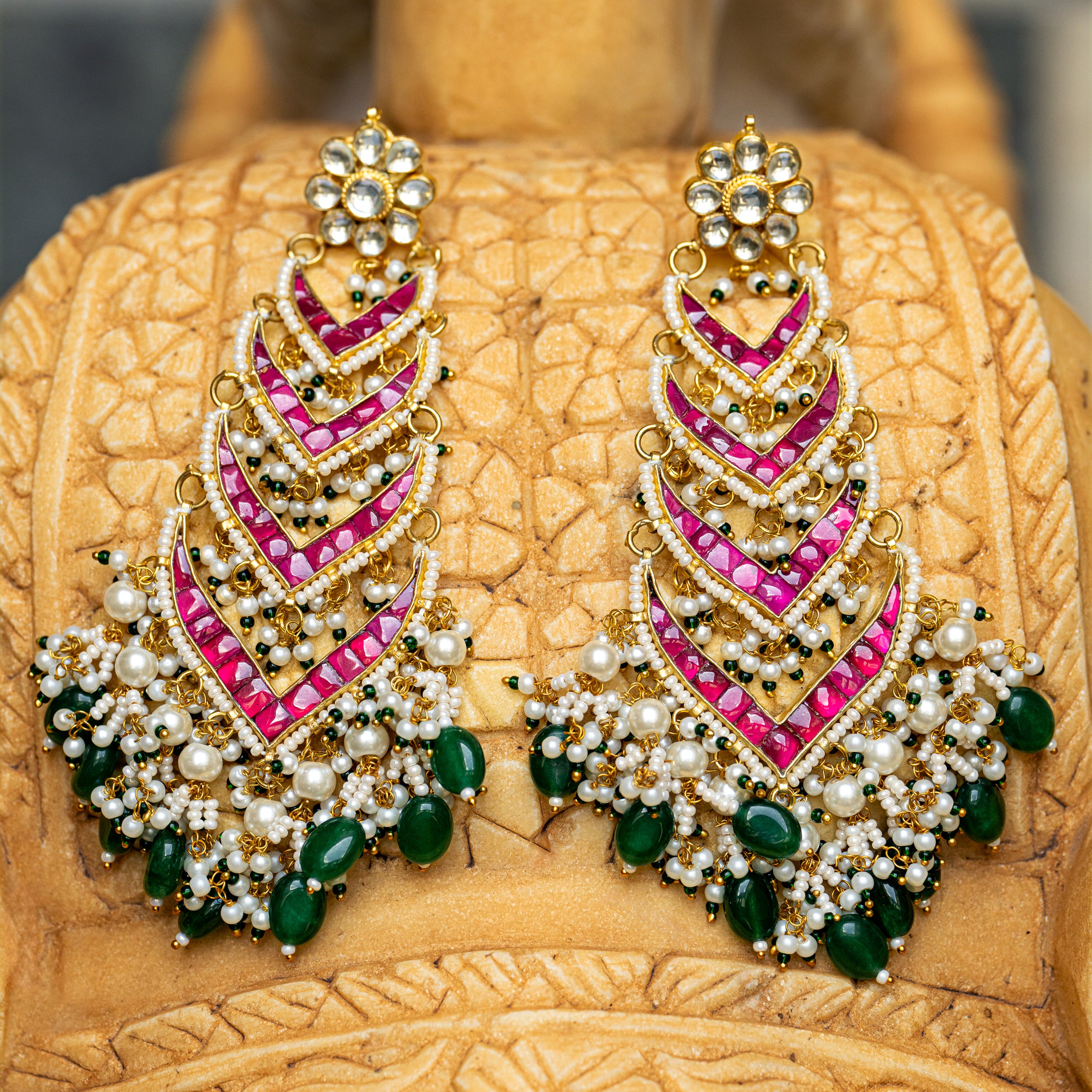 MDE035- Pink Colour Gold Plated Jadau Kundan Dangler Earrings