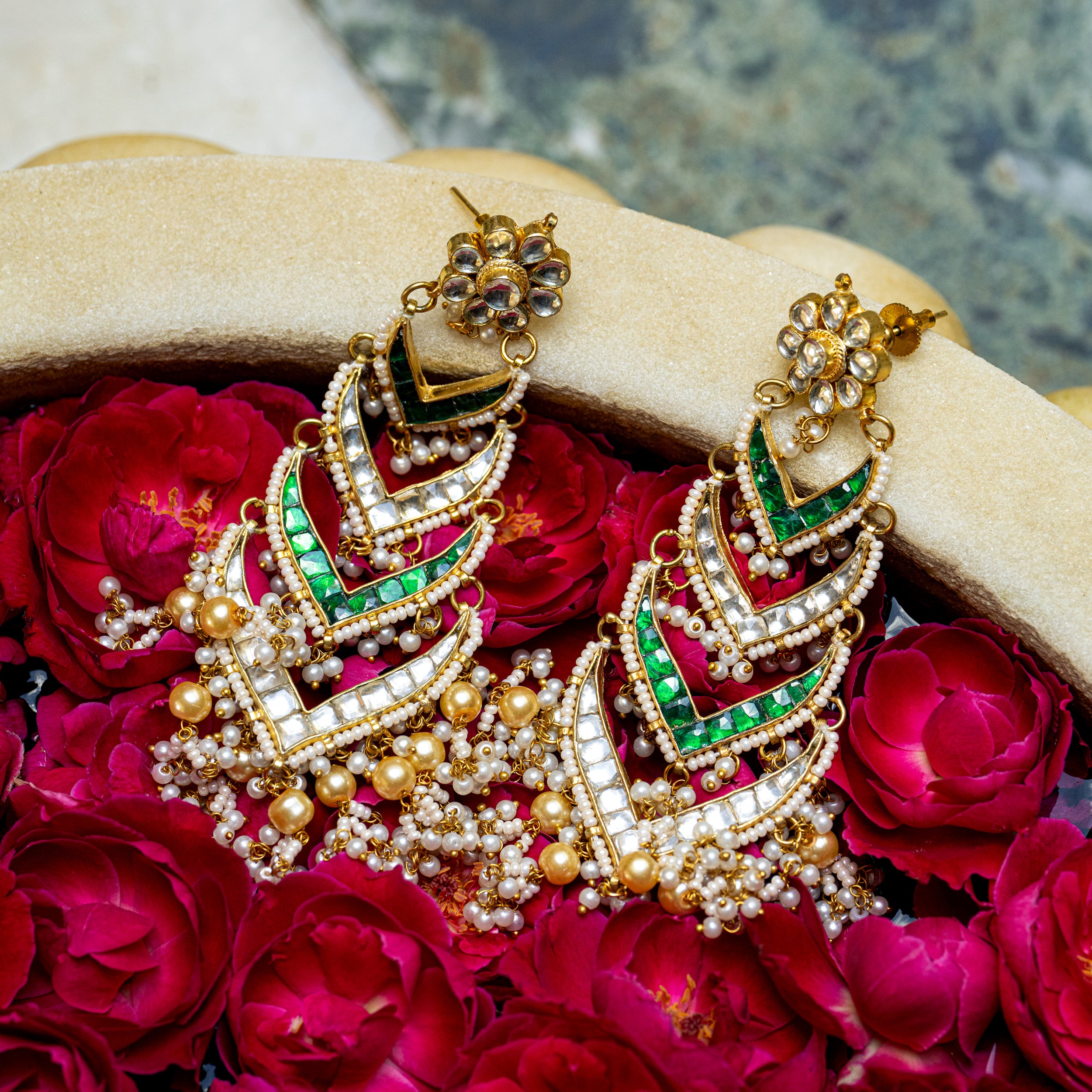 MDE035- Green and White Colour Gold Plated Jadau Kundan Dangler Earrings