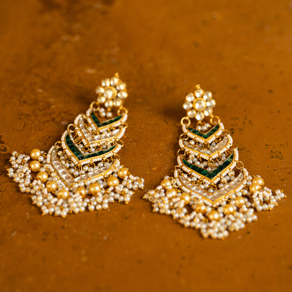 MDE035- Green and White Colour Gold Plated Jadau Kundan Dangler Earrings
