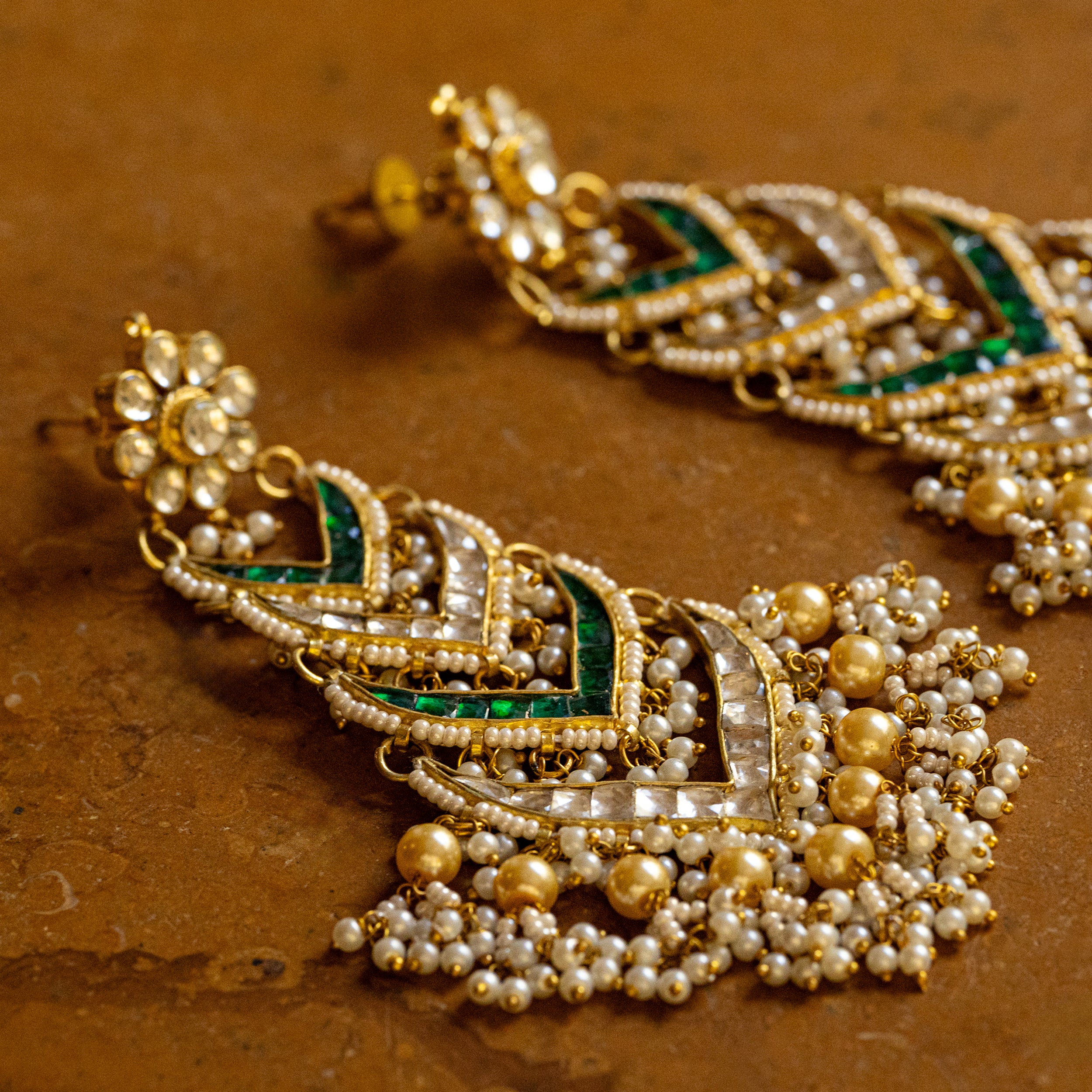 MDE035- Green and White Colour Gold Plated Jadau Kundan Dangler Earrings