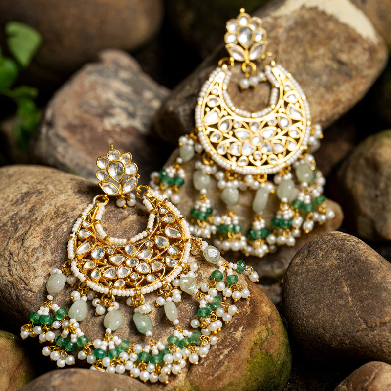 MDE036- White Colour Gold Plated Jadau Kundan Chandbali Earrings