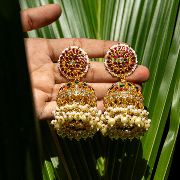 MDE123- Multi Colour Gold Plated Jadau Kundan Temple Jhumki Earrings