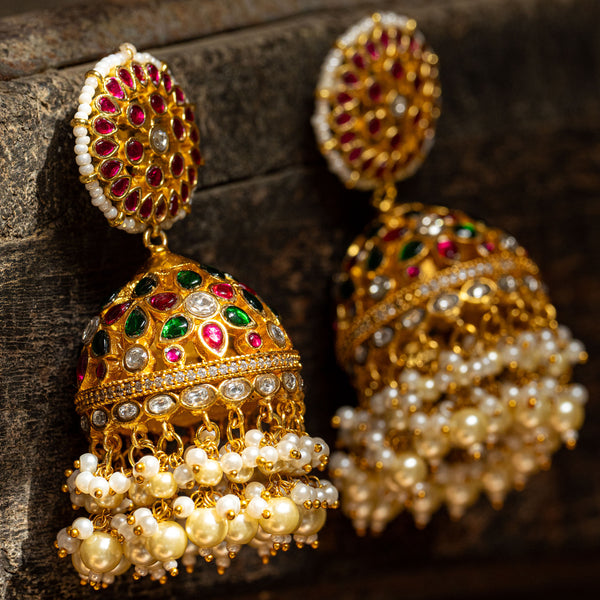 MDE123- Multi Colour Gold Plated Jadau Kundan Temple Jhumki Earrings
