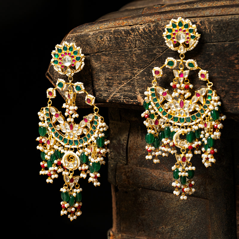 MDE120- Multicolor Gold Plated Jadau Kundan Chandbali Earrings