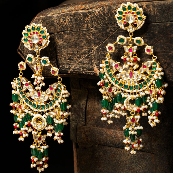 MDE120- Multicolor Gold Plated Jadau Kundan Chandbali Earrings