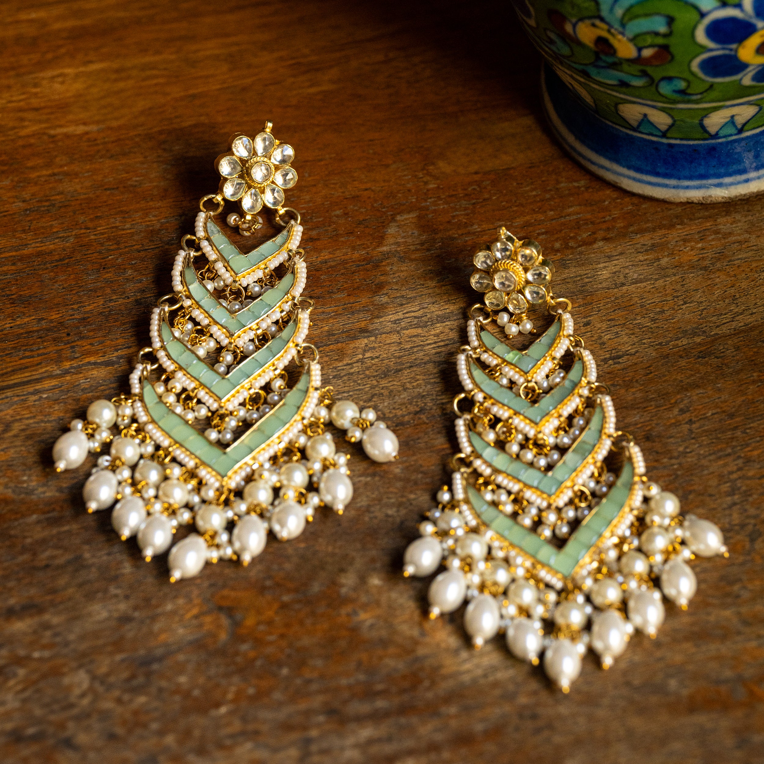 MDE035- Mint Colour Gold Plated Jadau Kundan Dangler Earrings