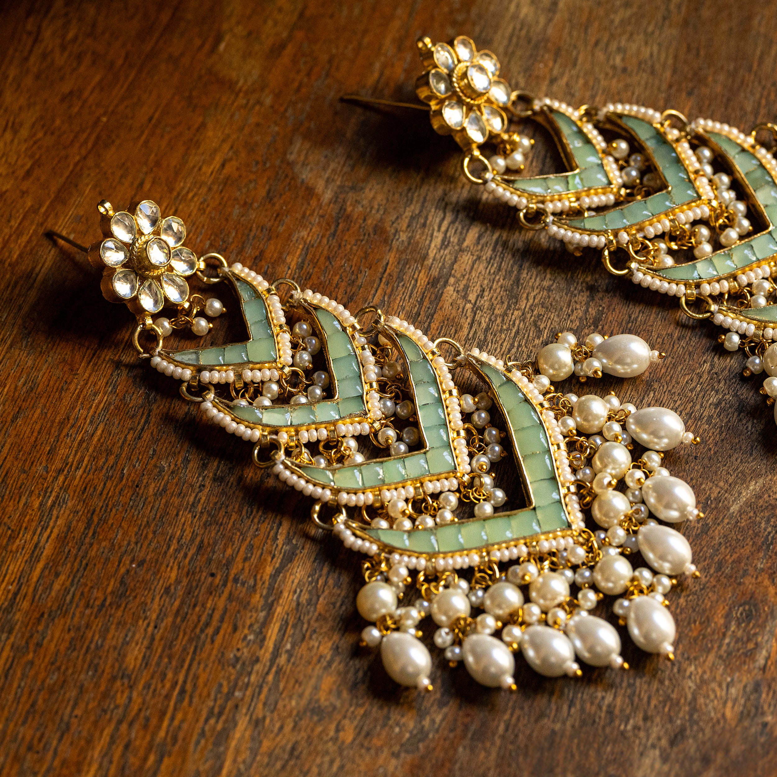 MDE035- Mint Colour Gold Plated Jadau Kundan Dangler Earrings