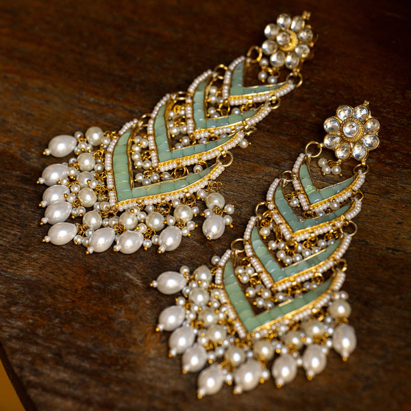 MDE035- Mint Colour Gold Plated Jadau Kundan Dangler Earrings