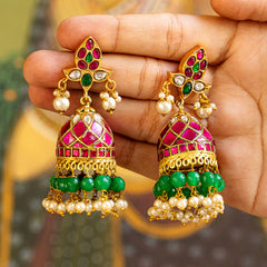 MDE122- Multi Colour Gold Plated Jadau Kundan Temple Jhumki Earrings