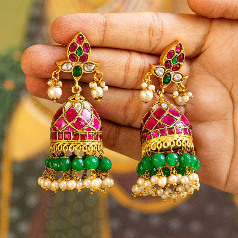 MDE122- Multi Colour Gold Plated Jadau Kundan Temple Jhumki Earrings