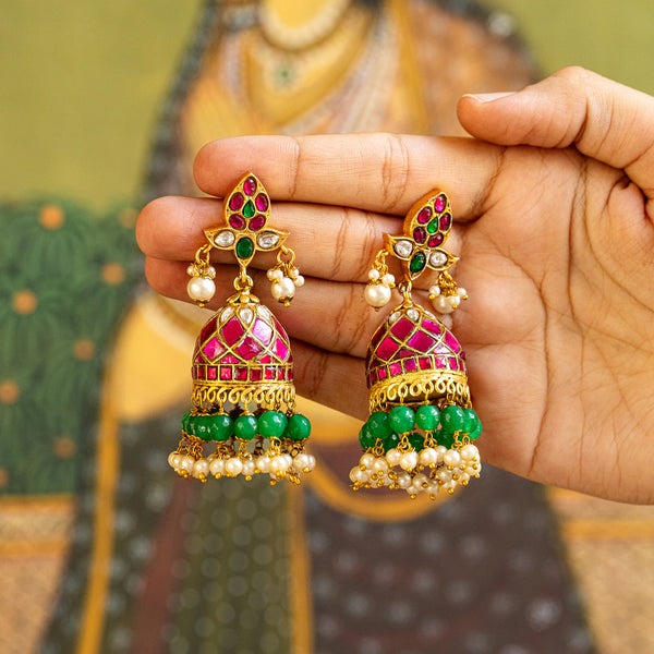 MDE122- Multi Colour Gold Plated Jadau Kundan Temple Jhumki Earrings