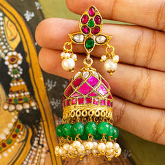 MDE122- Multi Colour Gold Plated Jadau Kundan Temple Jhumki Earrings