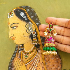 MDE122- Multi Colour Gold Plated Jadau Kundan Temple Jhumki Earrings