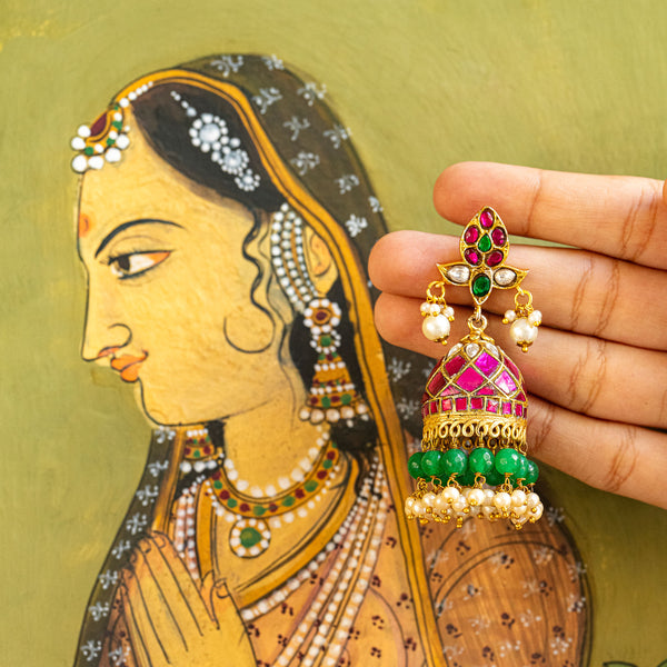 MDE122- Multi Colour Gold Plated Jadau Kundan Temple Jhumki Earrings