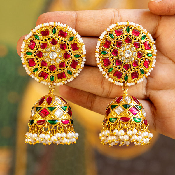 MDE119- Multi Colour Gold Plated Jadau Kundan Temple Jhumki