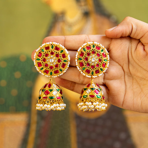 MDE119- Multi Colour Gold Plated Jadau Kundan Temple Jhumki