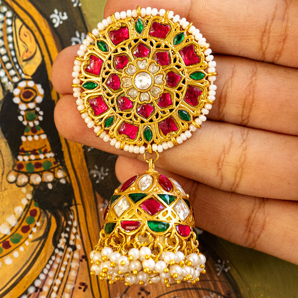 MDE119- Multi Colour Gold Plated Jadau Kundan Temple Jhumki