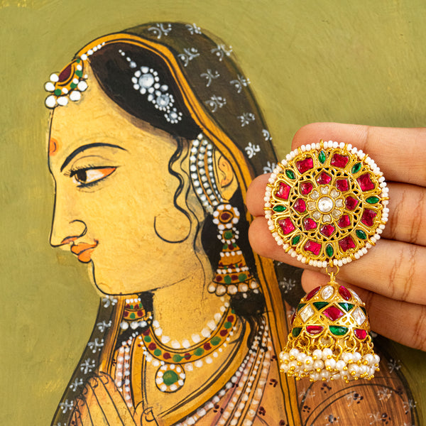 MDE119- Multi Colour Gold Plated Jadau Kundan Temple Jhumki