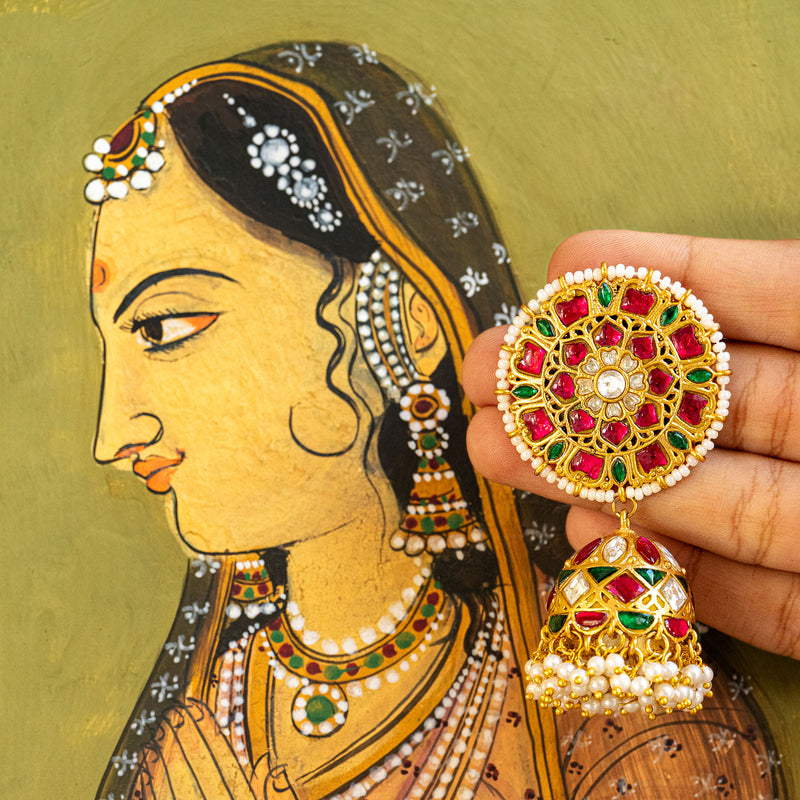 MDE119- Multi Colour Gold Plated Jadau Kundan Temple Jhumki