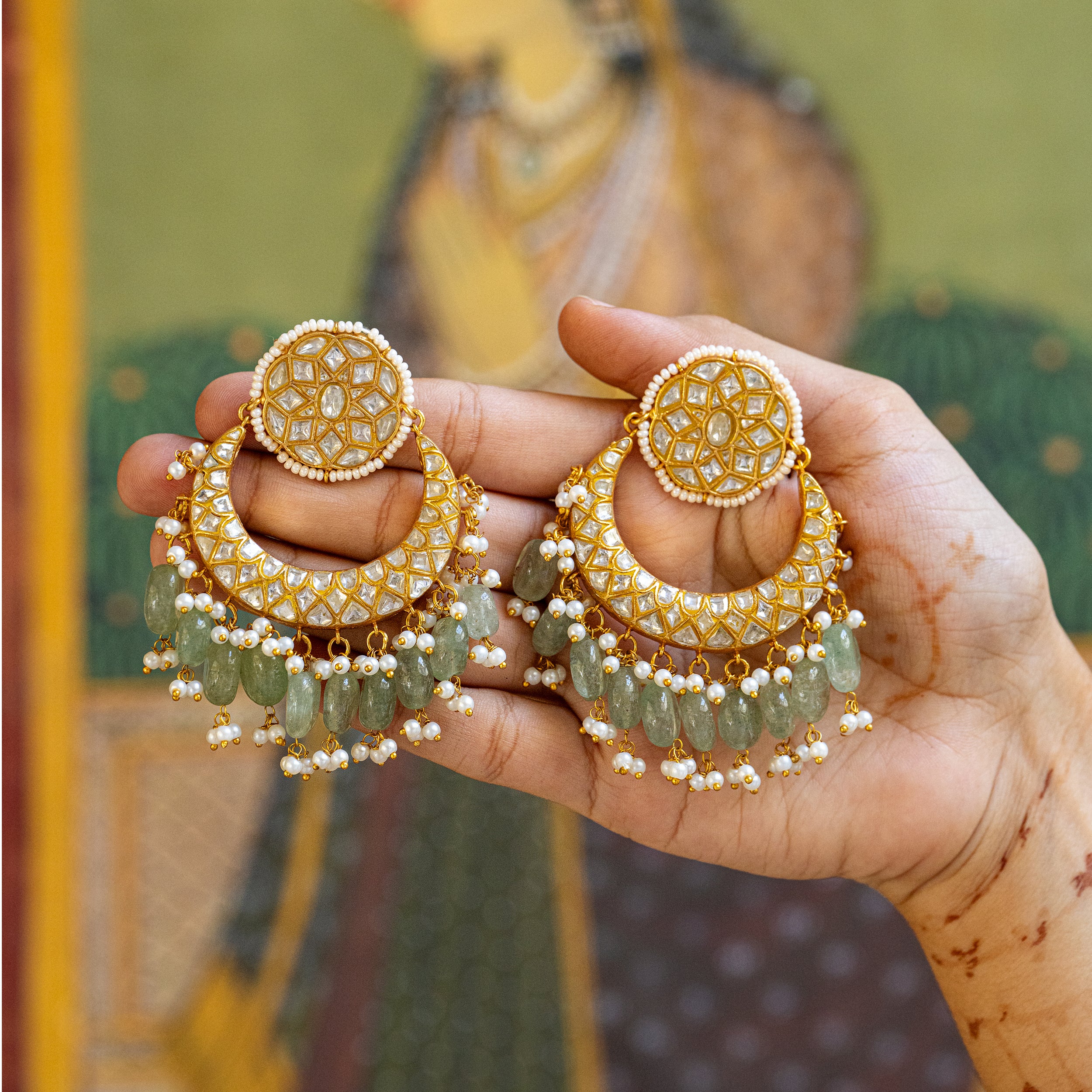 MDE111- White and Green Colour Gold Plated Thappa Jadau Kundan Chandbali Earrings