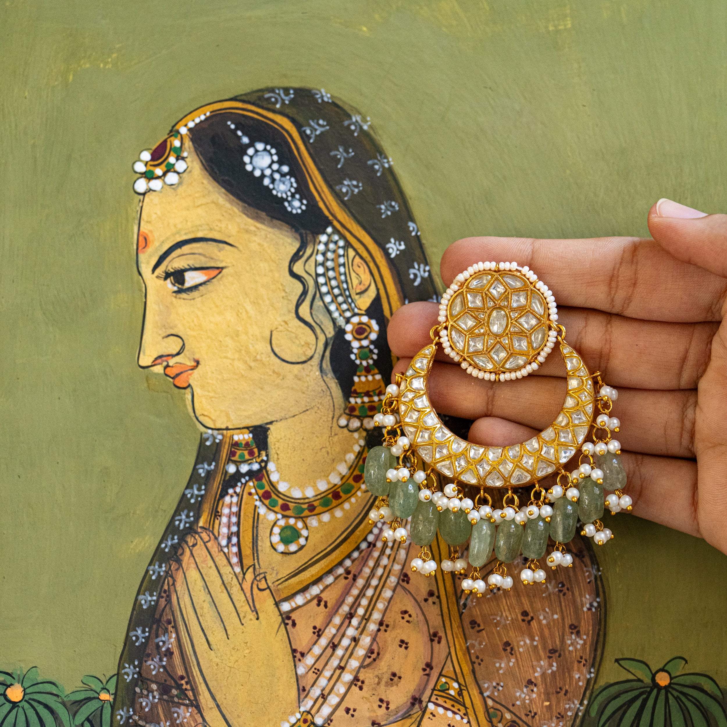 MDE111- White and Green Colour Gold Plated Thappa Jadau Kundan Chandbali Earrings