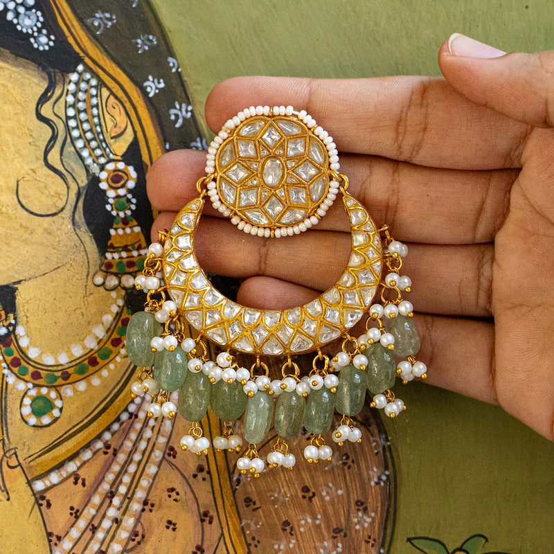 MDE111- White and Green Colour Gold Plated Thappa Jadau Kundan Chandbali Earrings