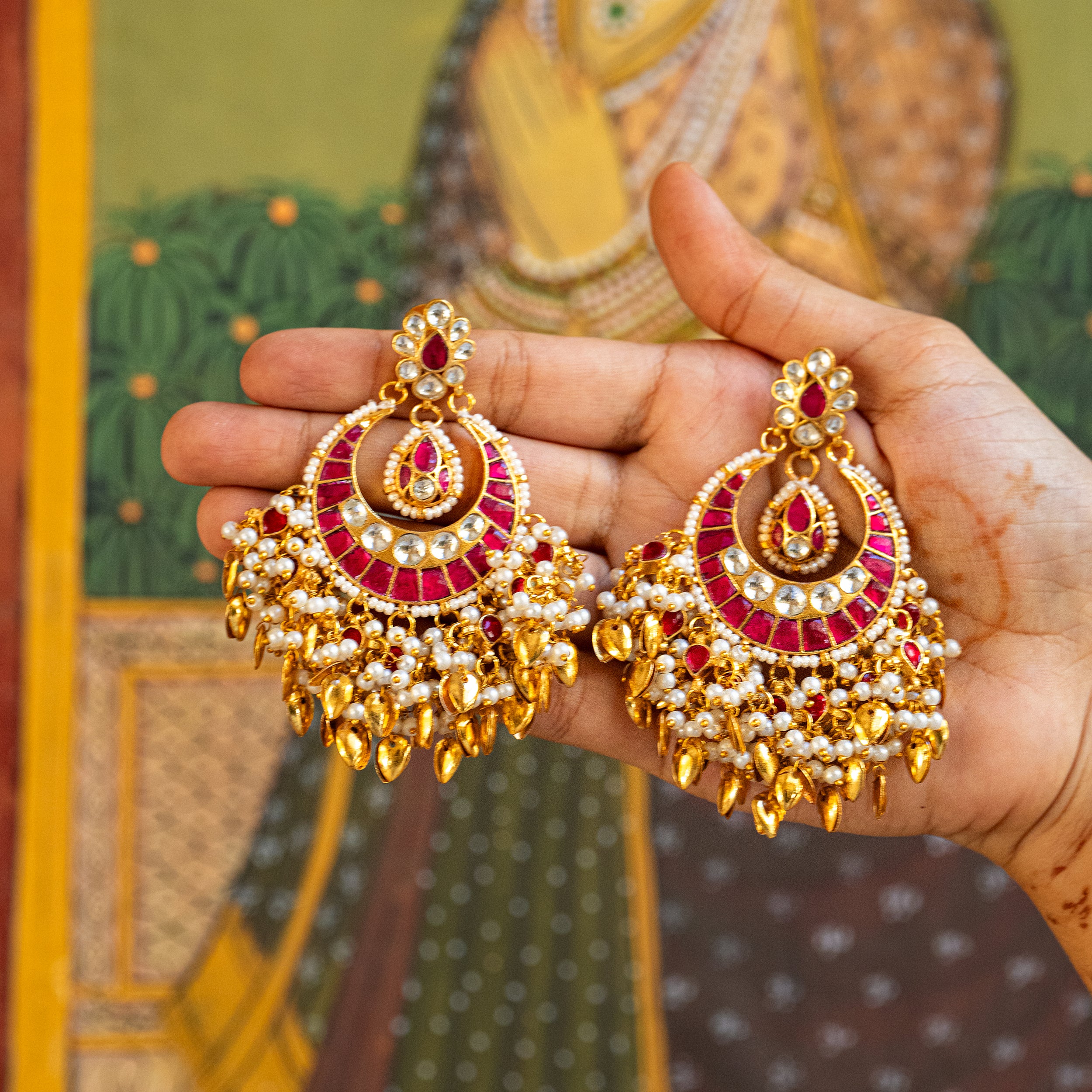 MDE083- Pink and White Colour Gold Plated Jadau Kundan Chandbali Earrings