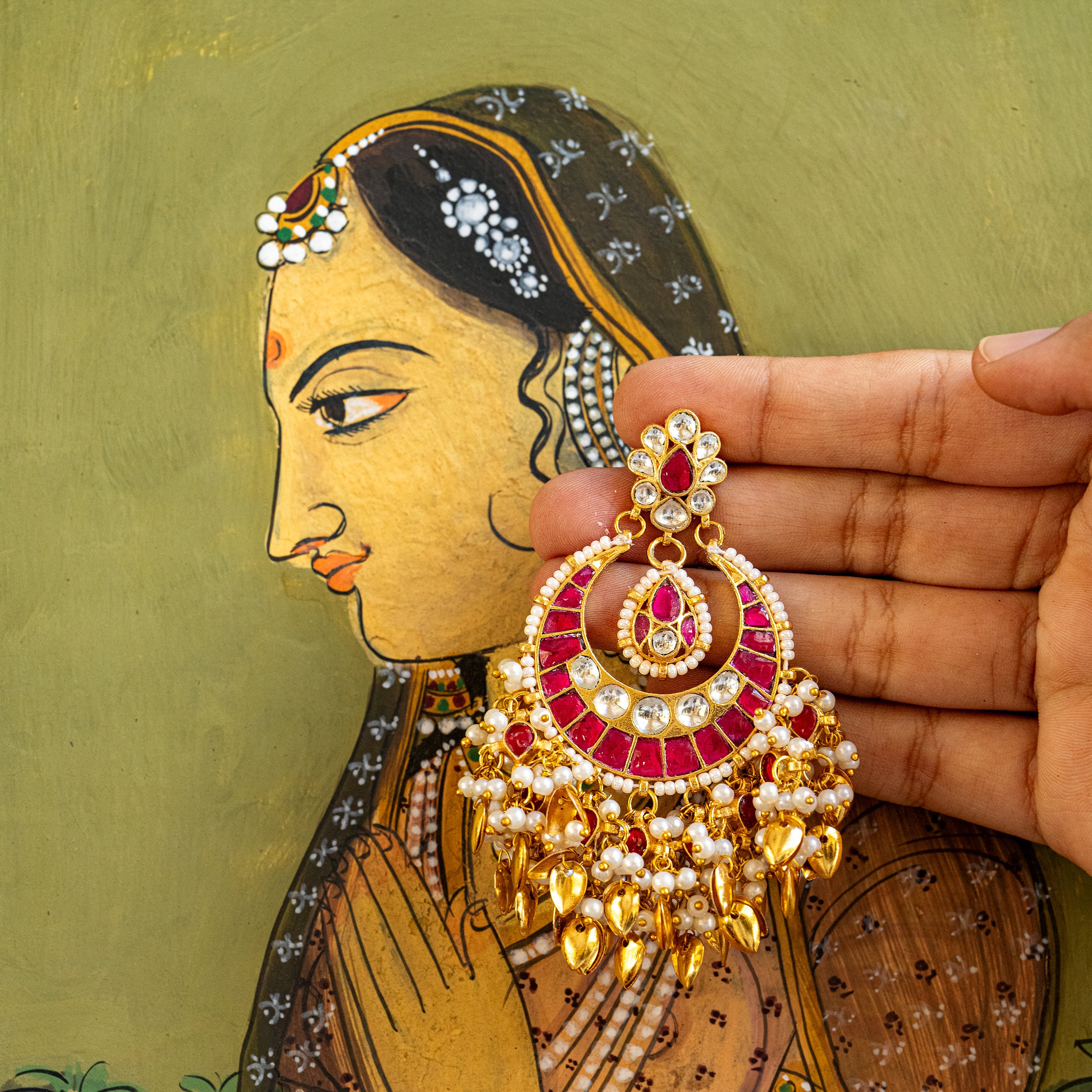 MDE083- Pink and White Colour Gold Plated Jadau Kundan Chandbali Earrings