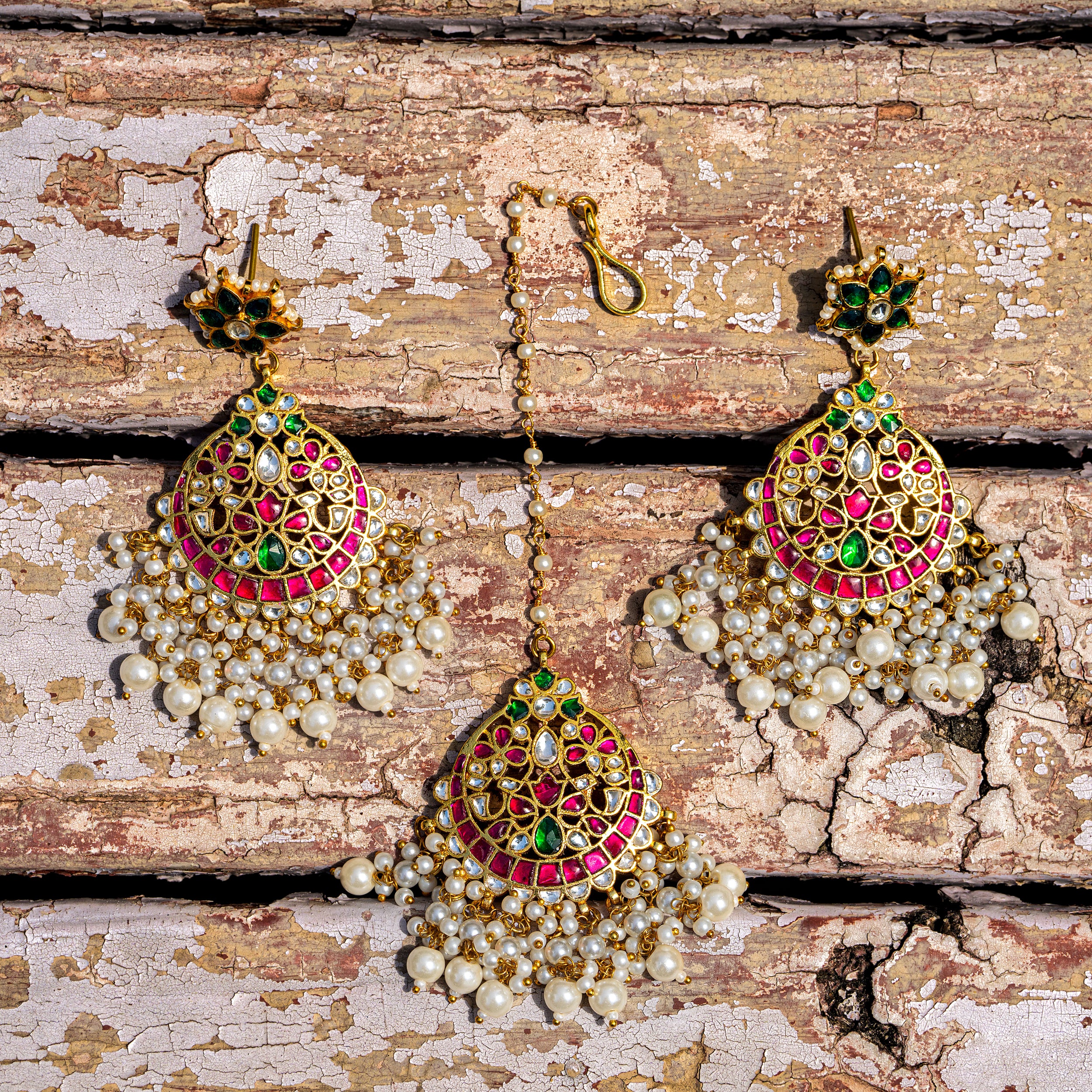 MDE033- Multi Colour Gold Plated Jadau Kundan Chandbali Earrings with Tika