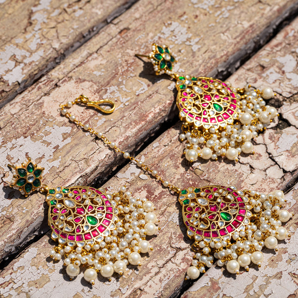 MDE033- Multi Colour Gold Plated Jadau Kundan Chandbali Earrings with Tika
