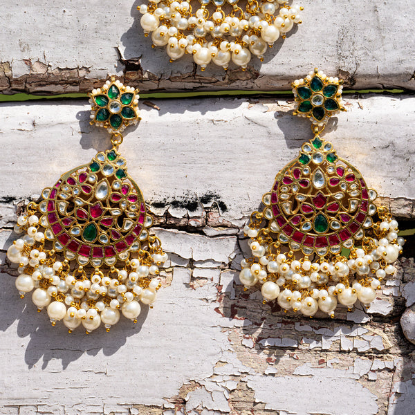 MDE033- Multi Colour Gold Plated Jadau Kundan Chandbali Earrings with Tika