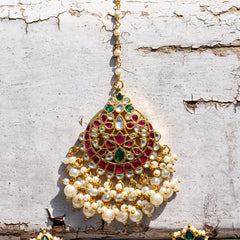 MDE033- Multi Colour Gold Plated Jadau Kundan Chandbali Earrings with Tika