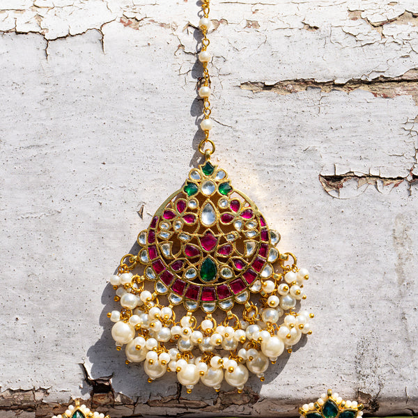MDE033- Multi Colour Gold Plated Jadau Kundan Chandbali Earrings with Tika