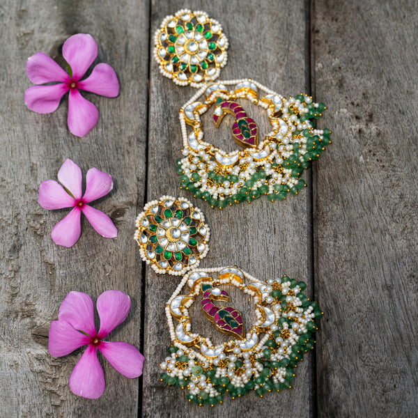 MDE042- Multi Colour Gold Plated Jadau Kundan Chandbali Earrings