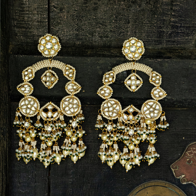 MDE039- White Colour Gold Plated Jadau Kundan Chandbali Earrings