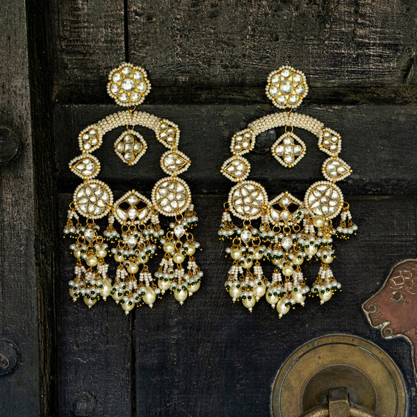 MDE039- White Colour Gold Plated Jadau Kundan Chandbali Earrings