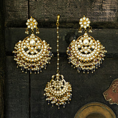 MDE037- White and Blue Colour Gold Plated Jadau Kundan Chandbali Earrings with Tika